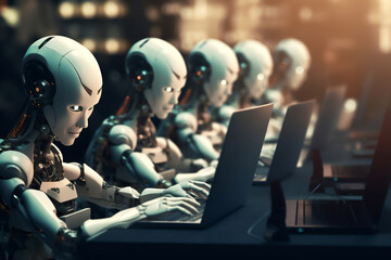 Humanoid robot office workers working in a call centre on a laptop computer while networking on the internet using machine learning technology, computer Generative AI stock illustration image - obrazy, fototapety, plakaty