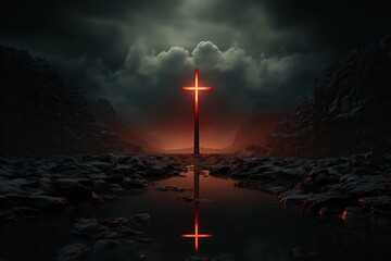 the reflection of the cross in the water and the landscape at night - obrazy, fototapety, plakaty