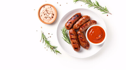Succulent sausages grilled on white platter topped with rosemary and condiments, top viewpoint, room for text. - obrazy, fototapety, plakaty