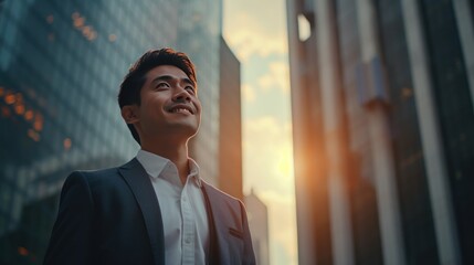 Happy wealthy rich successful asian businessman standing in big city modern skyscrapers street on sunset thinking of successful vision generative ai