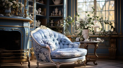 Living room interior with a chair and a vase of flowers