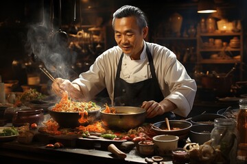 A calm chef skillfully cooks traditional food in a lively kitchen