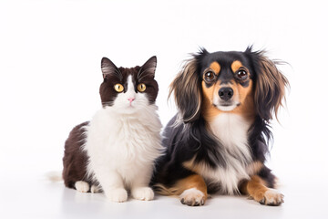 A depiction of a canine and feline staring at the lens against a plain backdrop.