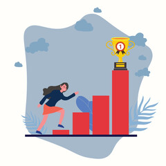 Businesswoman is about to reach to her goal , young woman standing with business award , female holding a victory trophy prize , Win contest Illustration