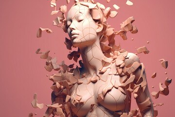 Women's pain, destruction of identity concept. Broken model sculpture female body, abstract illustration
