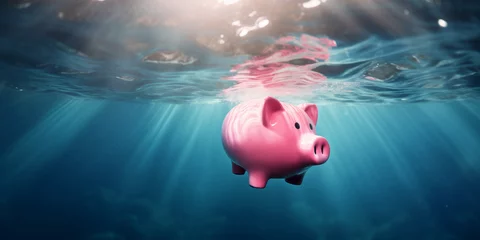 Fotobehang Pink piggy bank sinks underwater, drowning to the bottom of sea water - Concept of investment failure, financial risk, debt problem, bankruptcy, economy crisis © mozZz