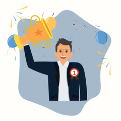 Vector businessman holding a golden trophy after winning the business competition , young boy holding a trophy , win competition illustration
