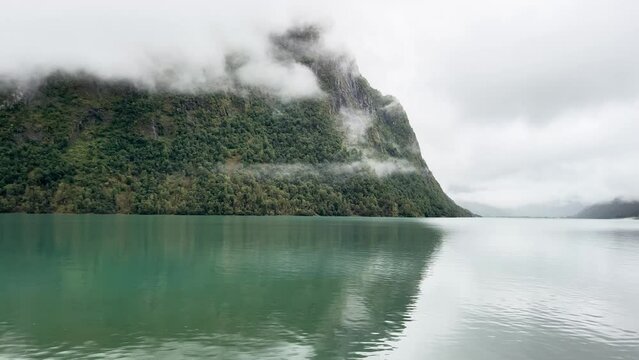 A scene of a very rainy day at Oldevatnet Lake and the Briksdal Valley, Norway