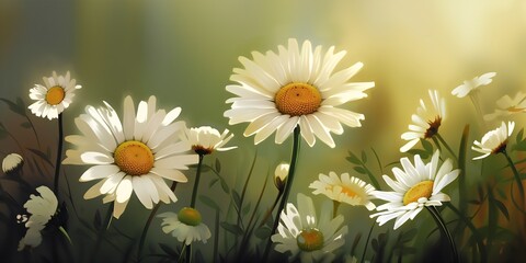 White daisies on a meadow in the rays of the setting sun.  Generative AI.