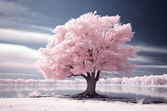 Pink fine art tree near the lake