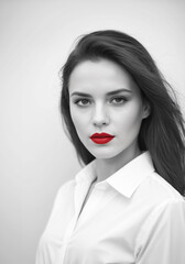 ritratto primo piano high key di volto di giovane donna, labbra con rossetto rosso acceso, sfondo bianco, capelli scuri sciolti