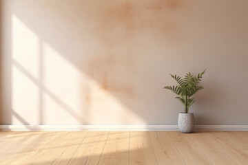 Modern beige Interior with geometrical sunlight, shadows and natural houseplant. Empty wall mockup