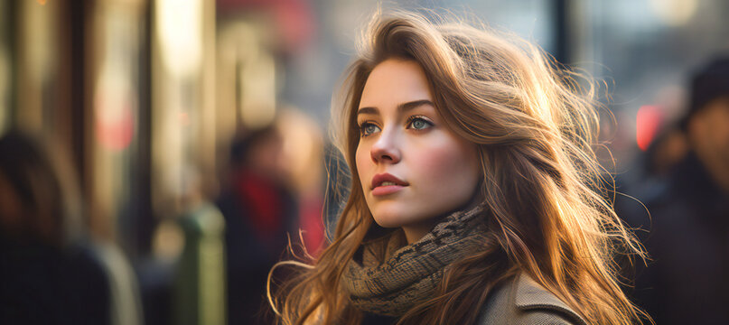 A beautiful young woman on a busy street