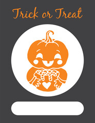 Jack-O-Lantern baby orange pumpkin head with candy on white background for Halloween card
