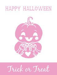 Jack-O-Lantern baby pink pumpkin head with candy on white background for Halloween card