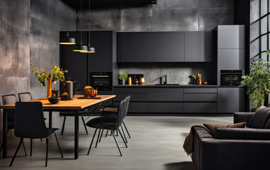 Creative loft black kitchen studio interior