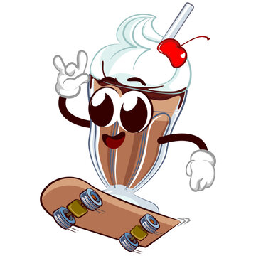 mascot character of a milkshake glass with a funny face sliding on a skateboard, isolated cartoon vector illustration. emoticon, cute milkshake glass mascot