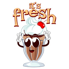 mascot character of a milkshake glass with a funny face showing the words it's fresh above, isolated cartoon vector illustration. emoticon, cute milkshake glass mascot