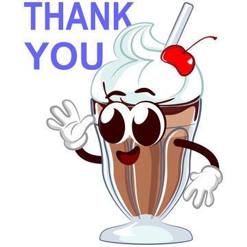 mascot character of a milkshake glass with a funny face waving in front of a thank you letter, isolated cartoon vector illustration. emoticon, cute milkshake glass mascot