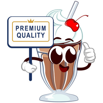 mascot character of a milkshake glass with a funny face carrying a sign saying primium quality while giving a thumbs up, isolated cartoon vector illustration. emoticon, cute milkshake glass mascot
tas