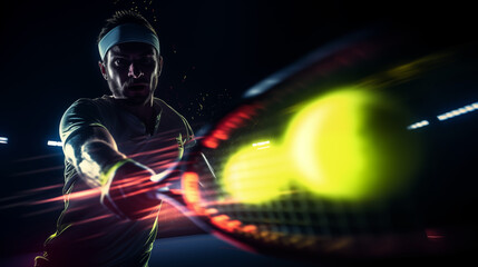 tennis player hitting the tennis ball, dark background