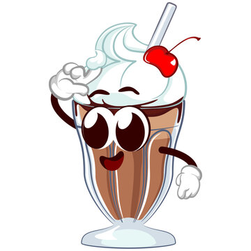 mascot character of a milkshake glass with a funny face poking his own cream with a finger, isolated cartoon vector illustration. emoticon, cute milkshake glass mascot