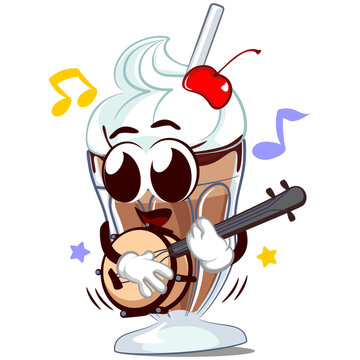 mascot character of a milkshake glass with a funny face playing an old banjo, isolated cartoon vector illustration. emoticon, cute milkshake glass mascot