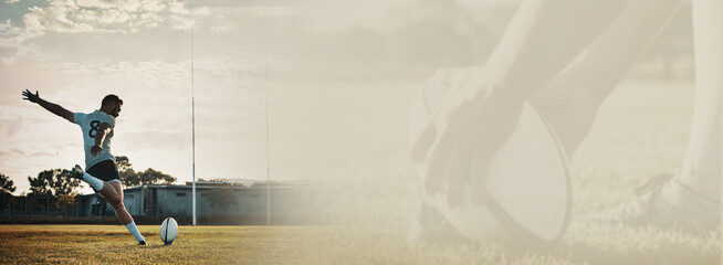 Banner, rugby kick or ball on field for training on double exposure, overlay or mockup for sports....
