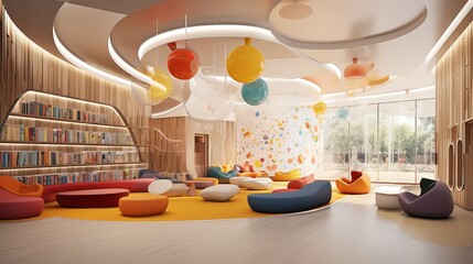 vibrant children's section in a contemporary library, fostering a love for reading and exploration