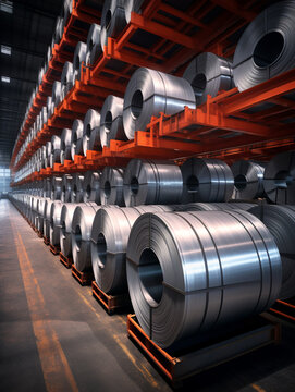 Roll of Steel Sheet in Factory Warehouse. Strip Galvanised Steel Coil or Cold Rolled Strip, a Steel Product Produced from a Hot Rolled Strip. Steel Mill. Generative AI.