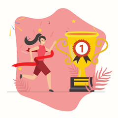 Running woman winning the competition and getting golden trophy , contest winner vector , woman with trophy isolated