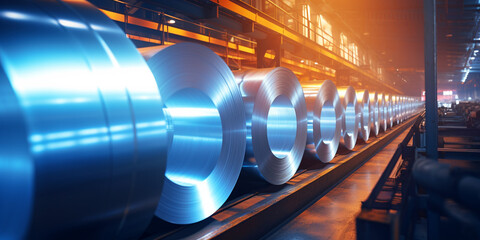 Roll of Steel Sheet in Factory Warehouse. Strip Galvanised Steel Coil or Cold Rolled Strip, a Steel Product Produced from a Hot Rolled Strip. Steel Mill. Generative AI.