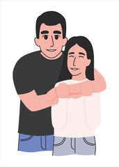 Love tenderness and romantic feelings concept. Young loving smiling couple boy and girl standing hugging embracing each other feeling in love vector illustration