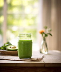 Glass of green smoothie on table