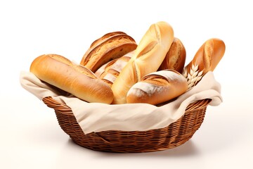 a basket of bread in a white cloth - obrazy, fototapety, plakaty