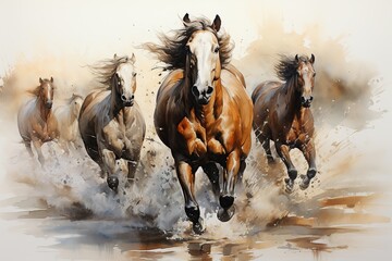 galloping horses lead us in the river - obrazy, fototapety, plakaty