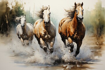 galloping horses lead us in the river