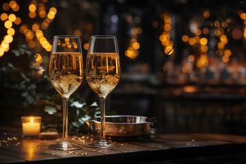 Two glasses of champagne in a Christmas scene. Toast concept. Generativa AI image.