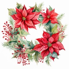 Christmas Watercolor wreath on a white background. Round ornament of Christmas tree branches and Christmas flowers.