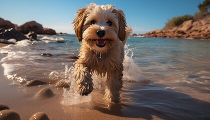 Adorable Cockapoo puppy on a beach - obrazy, fototapety, plakaty