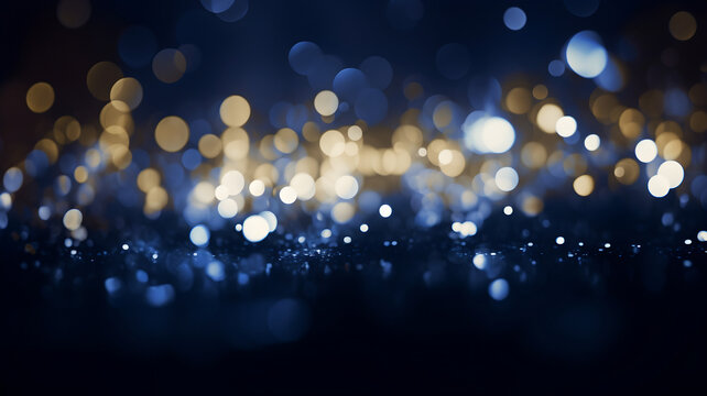 blue and gold bokeh, gold and silver, depth of field, defocus, haze, golden lights, blue and gold background, luxury feeling, blue night lights, dark background, party