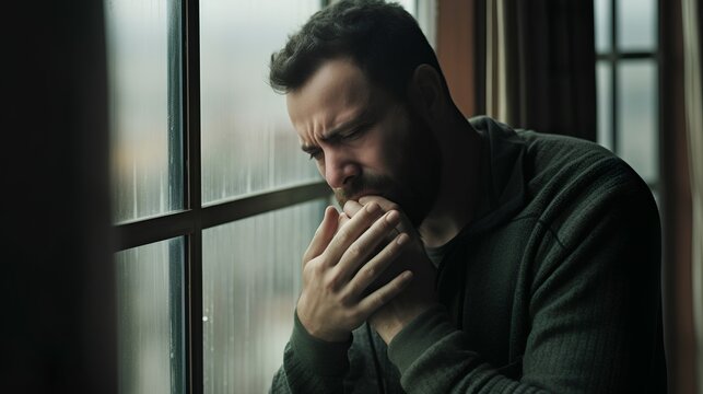 Man breakdown, frustration, ptsd, and depression after breakup or divorce. Psychological issues with mental conditions. Male with sad emotions and sorrow feelings. Crying and go through hard times.