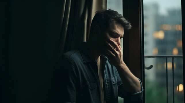 Man breakdown and life after loss. Frustration, ptsd, and depression after breakup or divorce. Psychological issues with mental conditions. Male with sad emotions and sorrow feelings in hard times.