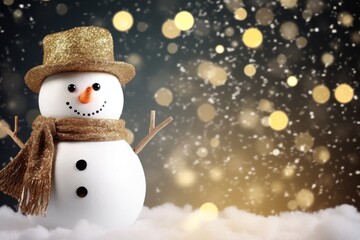 Christmas winter smiling happy snowman frosty snow new year celebration holiday cute decoration greeting december eve face funny white snowball with scarf hat carrot xmas festivity shiny flakes smile - obrazy, fototapety, plakaty