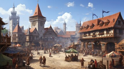 a bustling isometric market square in a charming, medieval town, featuring ornate stalls, a lively...