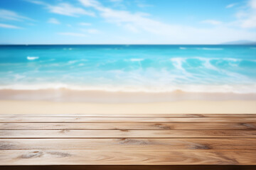 Fototapeta premium Empty wooden table light brown wood texture Blurred background, sea view and beach
