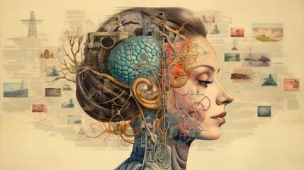 a captivating mixed media collage that beautifully portrays the detailed anatomy and functions of the human brain, with precision and artistic flair. - obrazy, fototapety, plakaty