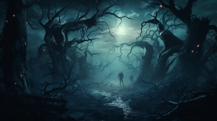 a chilling dark fantasy book cover depicting a sinister forest at dusk, where twisted, ghostly trees loom, and spectral figures drift among the shadows, captured with an HD camera.