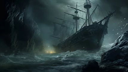 Keuken foto achterwand Schipbreuk a chilling dark fantasy book cover with a looming, spectral shipwreck on a desolate, rocky shore, battered by tumultuous waves and haunted by ghostly apparitions, captured with an HD camera.