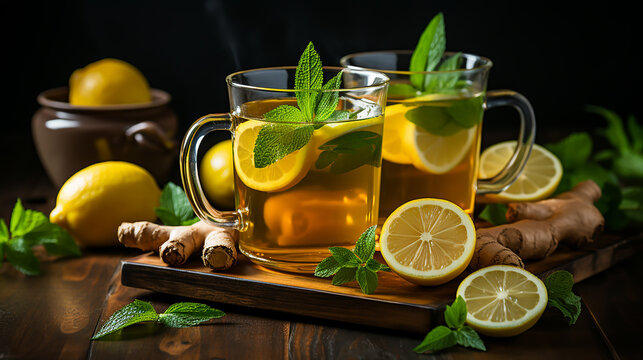 Cup of ginger tea with lemon and mint on wooden table. High quality photo.